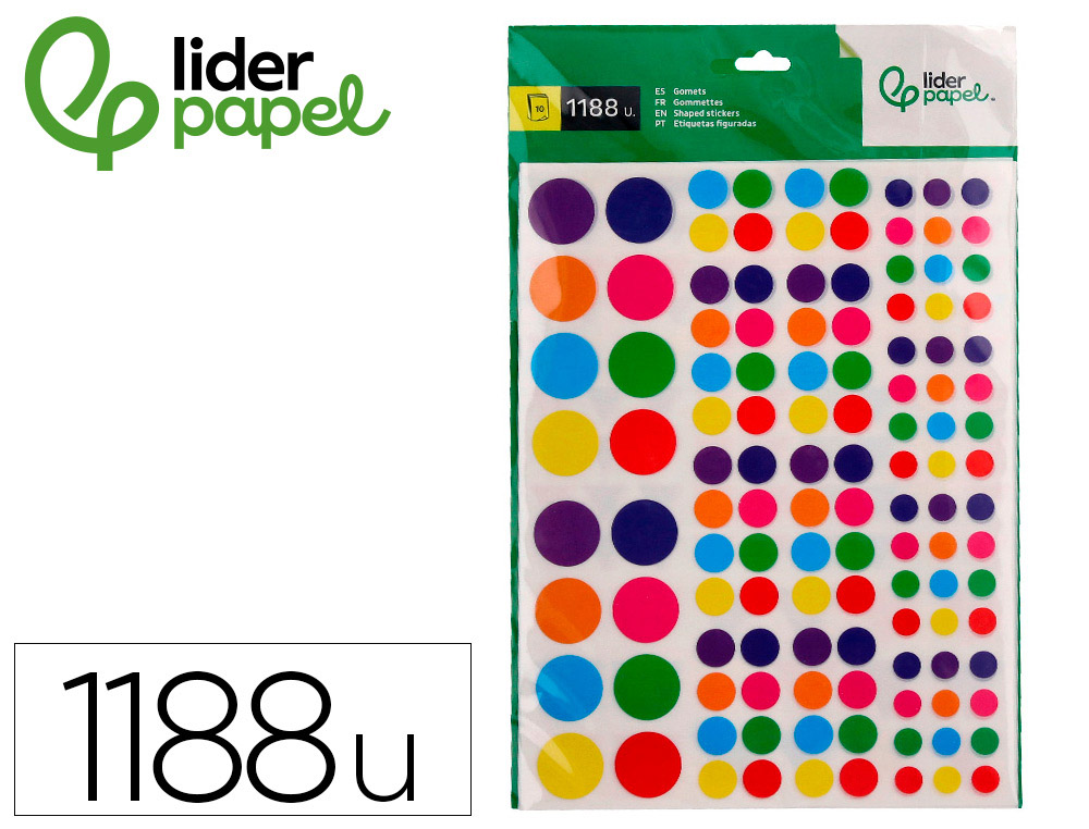 Gomets liderpapel autoadhesivo figuras de colores y tamaños surtidos bolsa de 10 hojas 1188 unidades