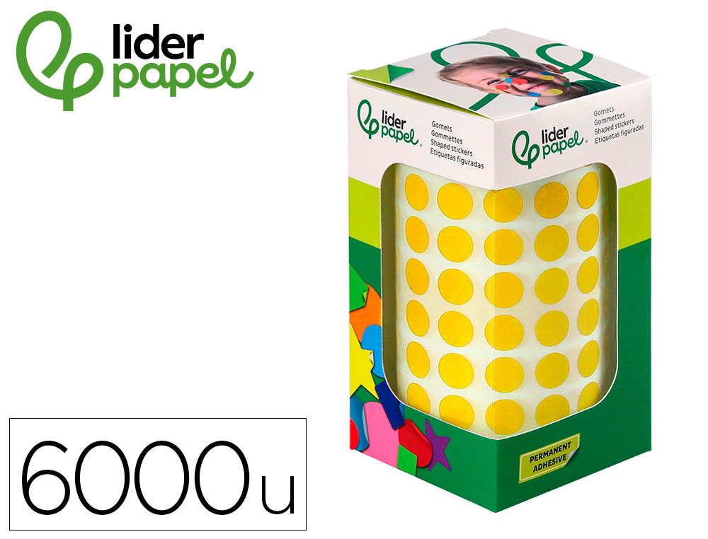 Gomets liderpapel autoadhesivo circulos 10,5 mm amarillo rollo de 6000 unidades en caja de carton