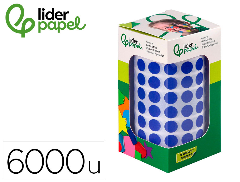 Gomets liderpapel autoadhesivo circulos 10,5 mm azul rollo de 6000 unidades en caja de carton