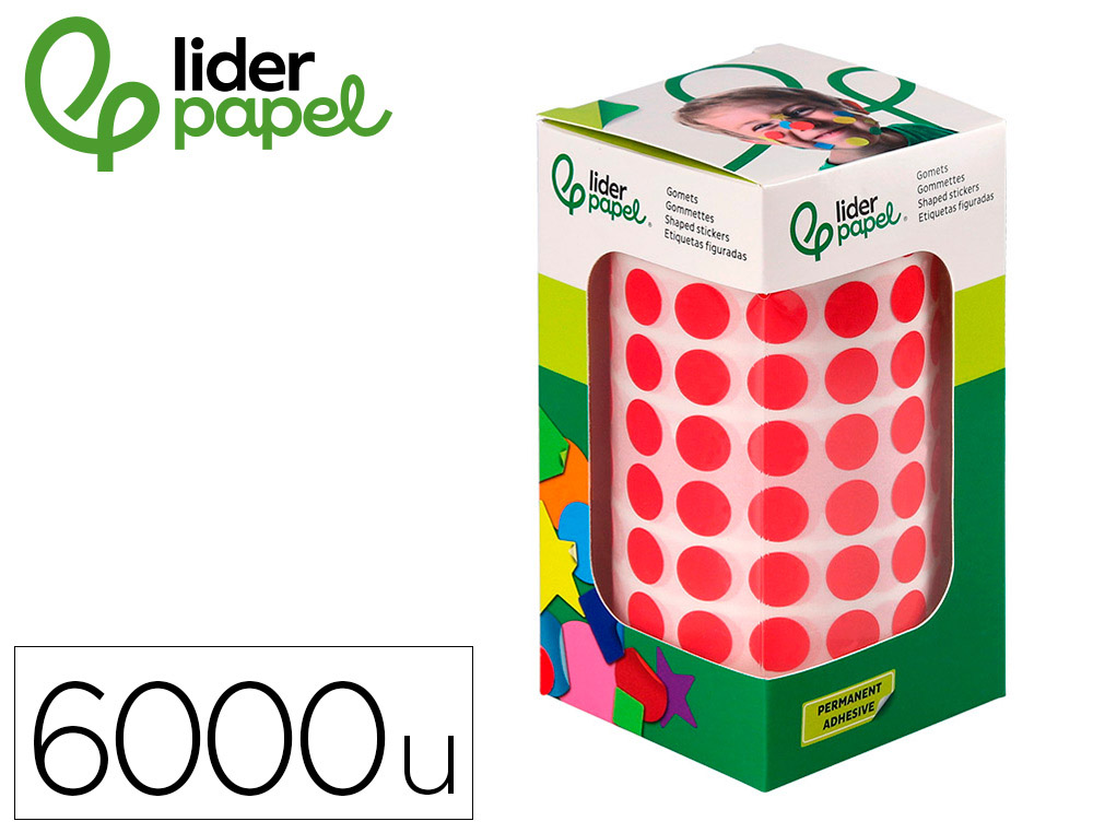 Gomets liderpapel autoadhesivo circulos 10,5 mm rojo rollo de 6000 unidades en caja de carton