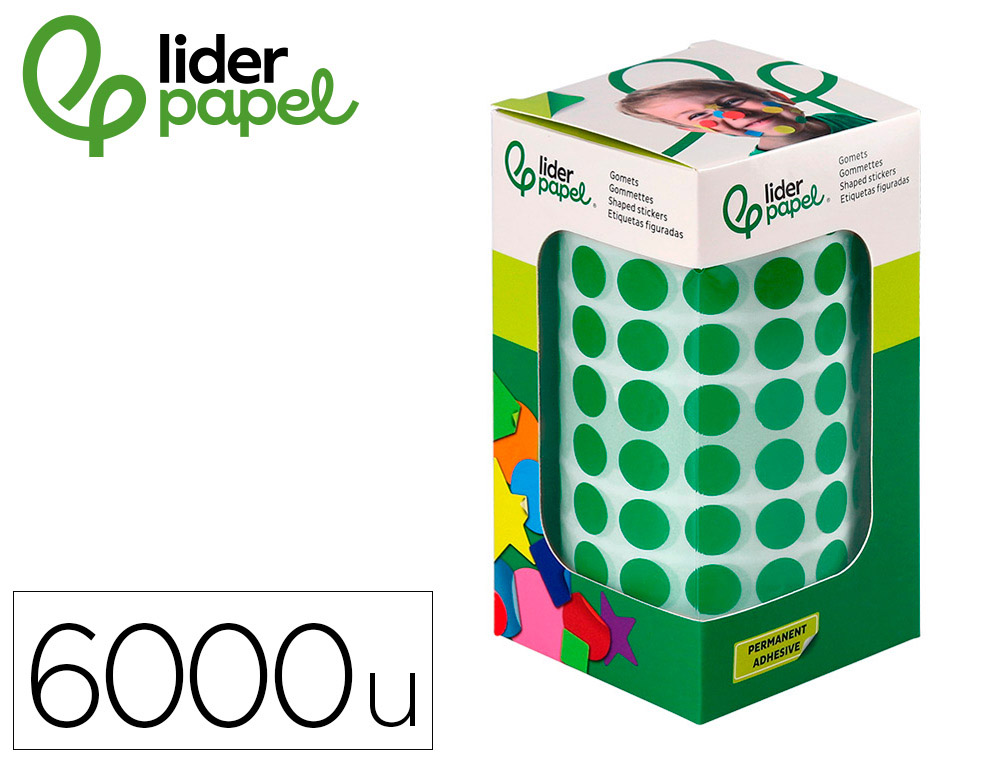 Gomets liderpapel autoadhesivo circulos 10,5 mm verde rollo de 6000 unidades en caja de carton