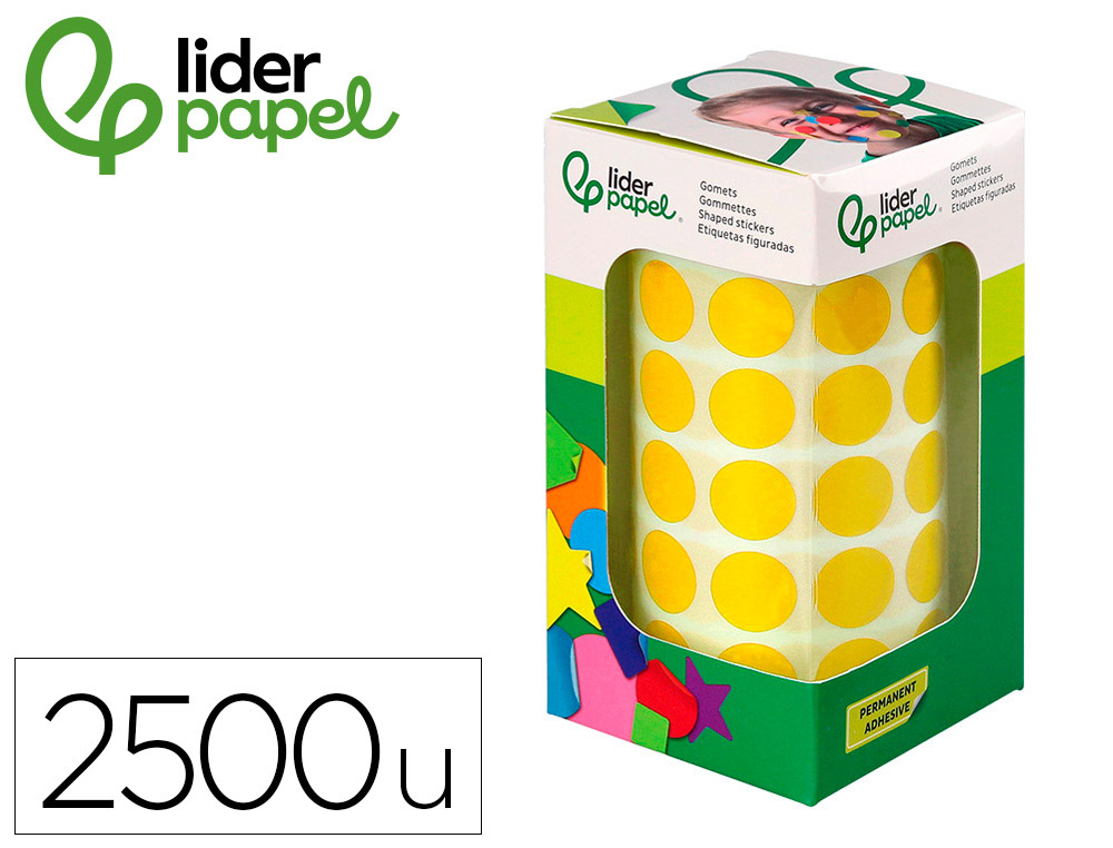 Gomets liderpapel autoadhesivo circulos 15 mm amarillo rollo de 2500 unidades en caja de carton