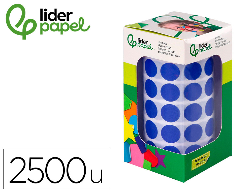 Gomets liderpapel autoadhesivo circulos 15 mm azul rollo de 2500 unidades en caja de carton