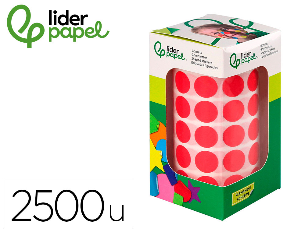 Gomets liderpapel autoadhesivo circulos 15 mm rojo rollo de 2500 unidades en caja de carton