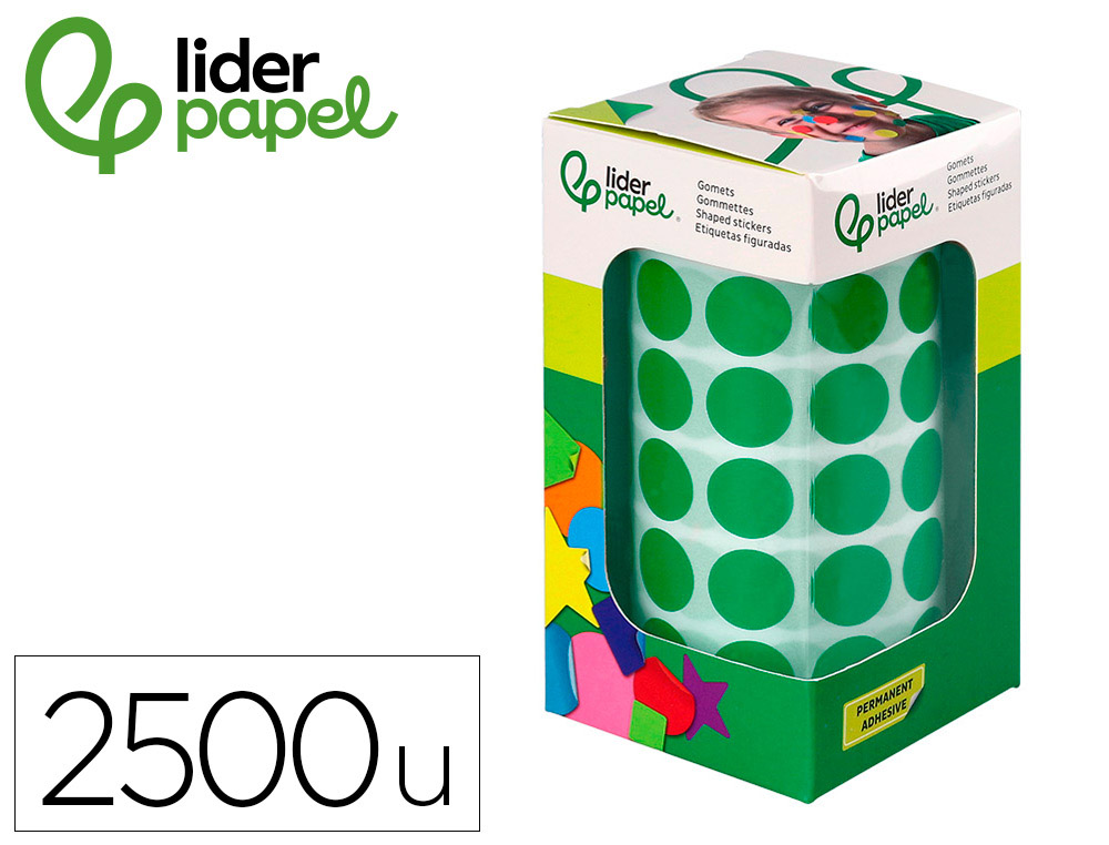 Gomets liderpapel autoadhesivo circulos 15 mm verde rollo de 2500 unidades en caja de carton