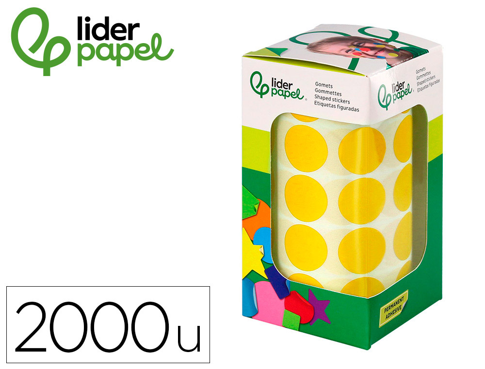 Gomets liderpapel autoadhesivo circulos 20 mm amarillo rollo de 2000 unidades en caja de carton