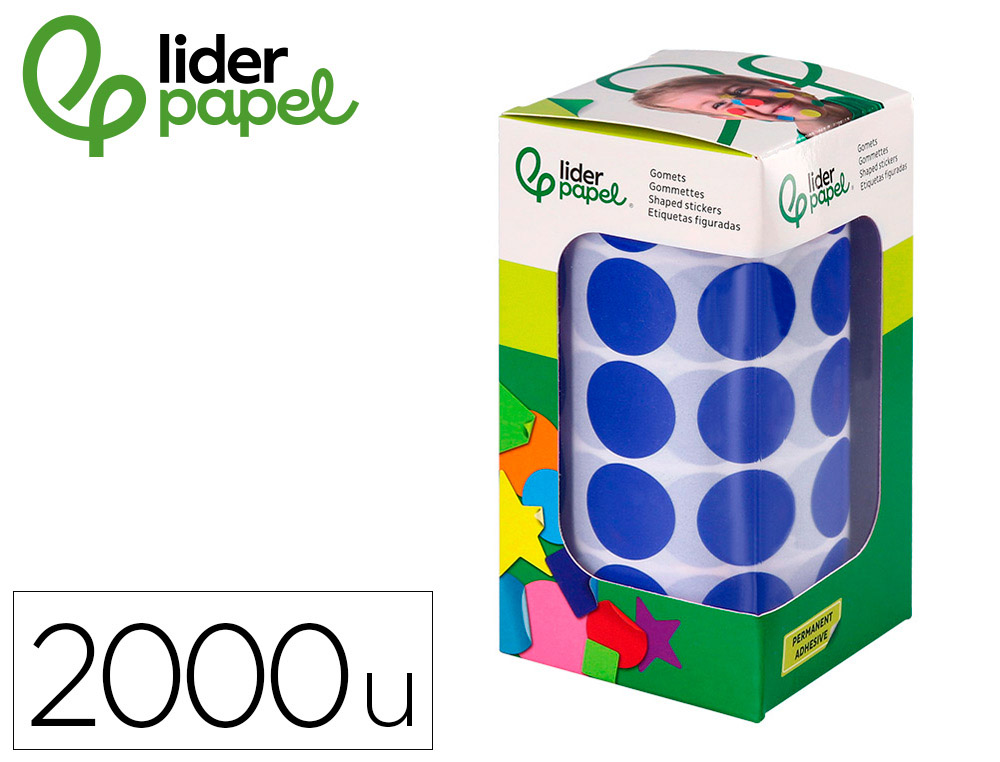 Gomets liderpapel autoadhesivo circulos 20 mm azul rollo de 2000 unidades en caja de carton