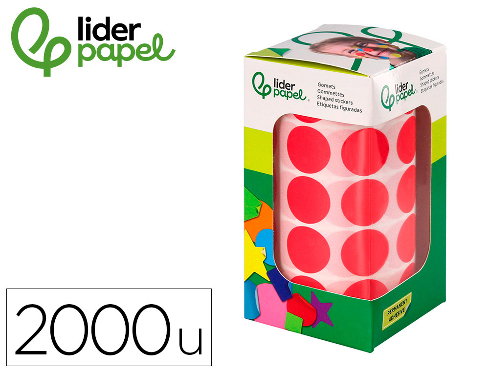 Gomets liderpapel autoadhesivo circulos 20 mm rojo rollo de 2000 unidades en caja de carton