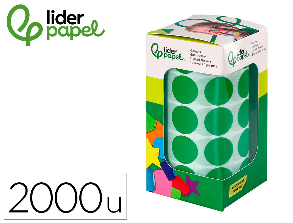 Gomets liderpapel autoadhesivo circulos 20 mm verde rollo de 2000 unidades en caja de carton