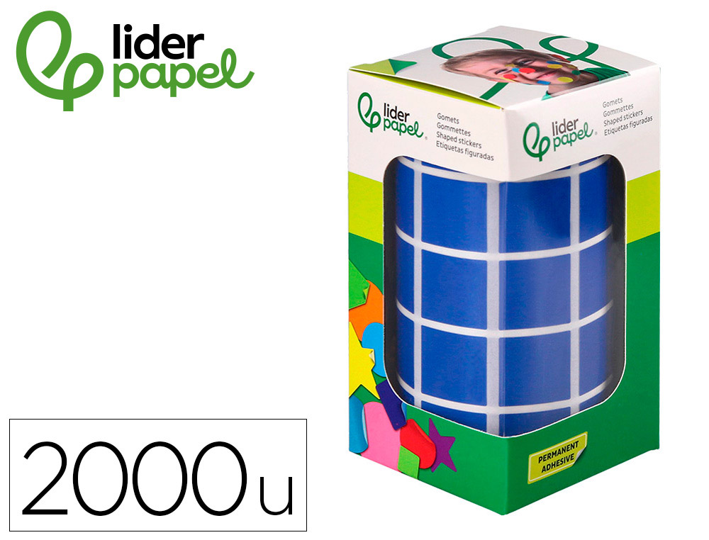 Gomets liderpapel autoadhesivo cuadrado 20x20 mm azul rollo de 2000 unidades en caja de carton