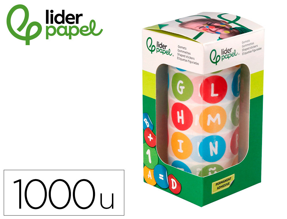 Gomets liderpapel autoadhesivo redondo abecedario 20 mm colores surtidos rollo de 1000 unidades en caja de carton