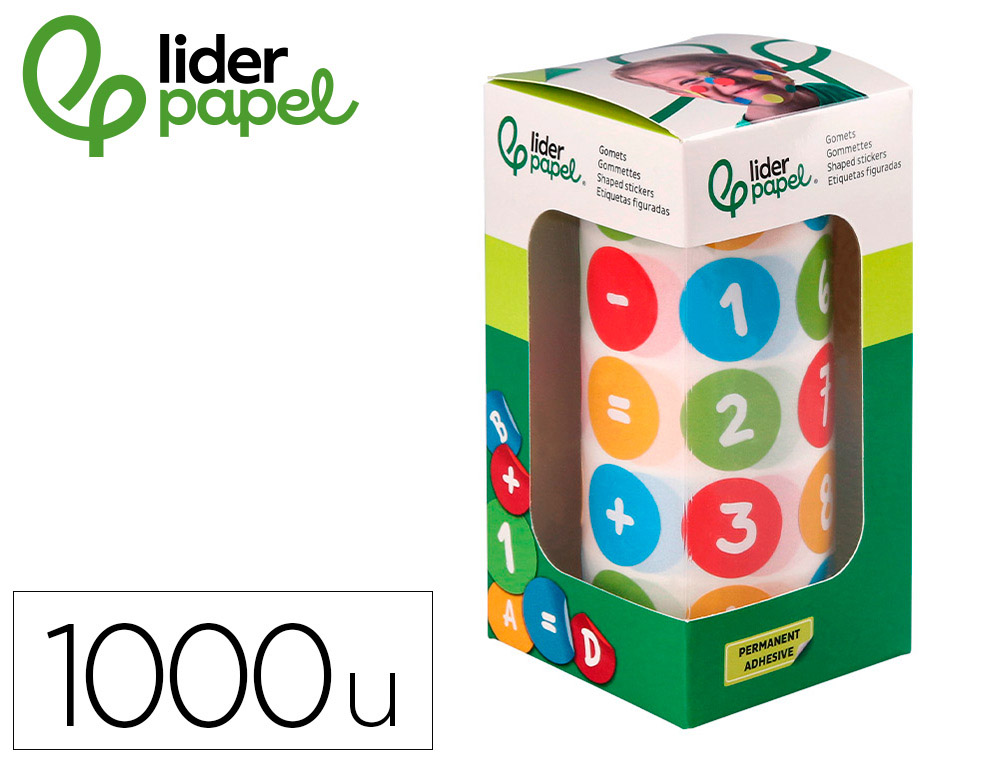 Gomets liderpapel autoadhesivo redondo numeros 20 mm colores surtidos rollo de 1000 unidades en caja de carton