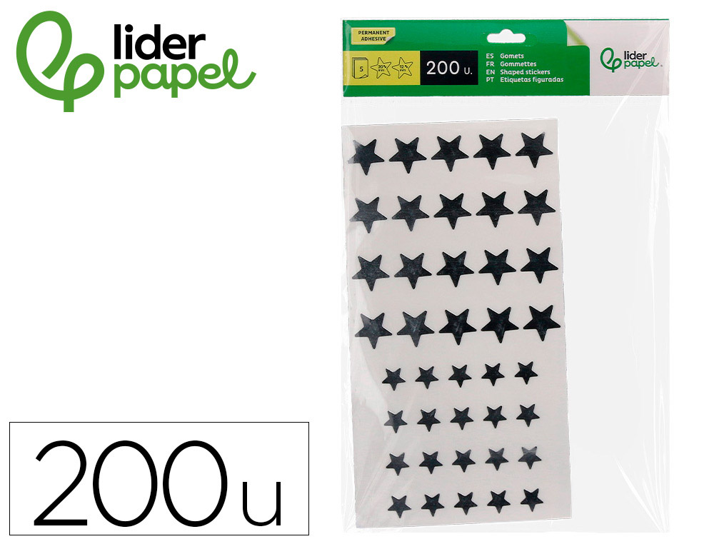 Gomets liderpapel autoadhesivo estrellas plateadas surtidas bolsa de 5 hojas con 200 unidades
