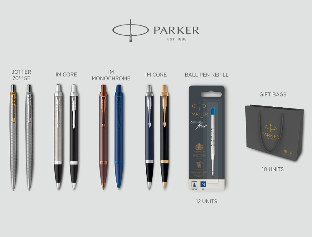 Lote boligrafos parker promocional 2024 contenido 6+2 gratis + 12 recambios + 10 bolsas de regalo