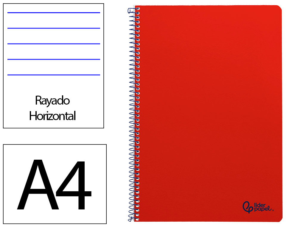 Cuaderno espiral liderpapel a4 smart tapa blanda 80h 75gr rayado horizontal con margen color rojo