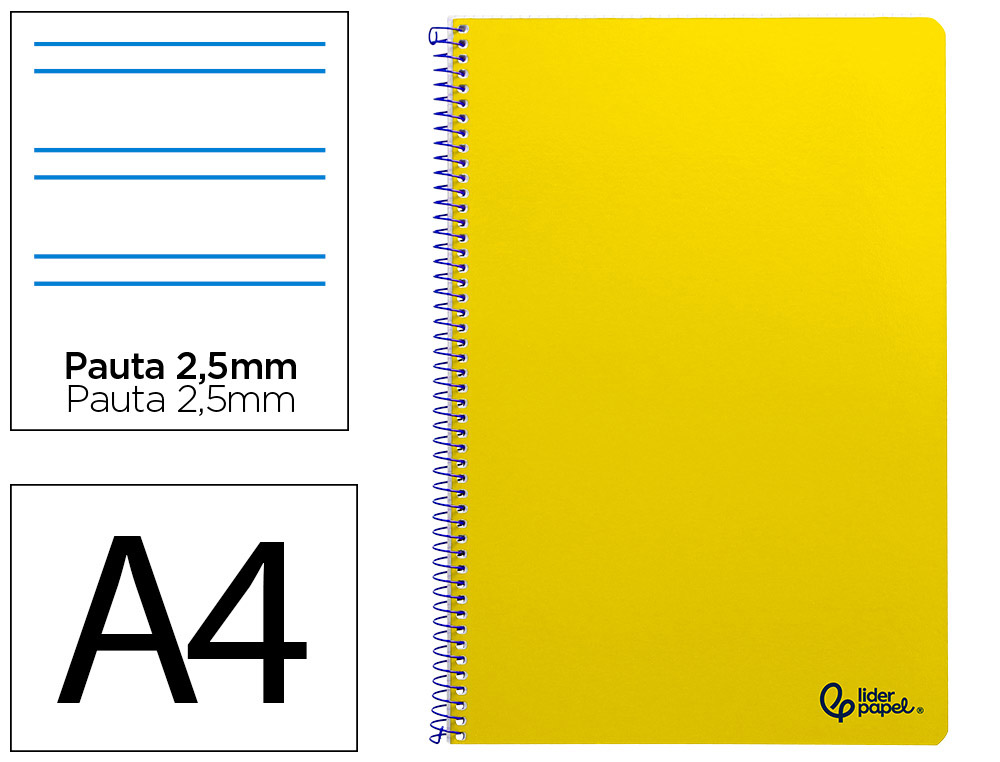Cuaderno espiral liderpapel a4 smart tapa blanda 80h 75gr pauta 2,5mm con margen color amarillo
