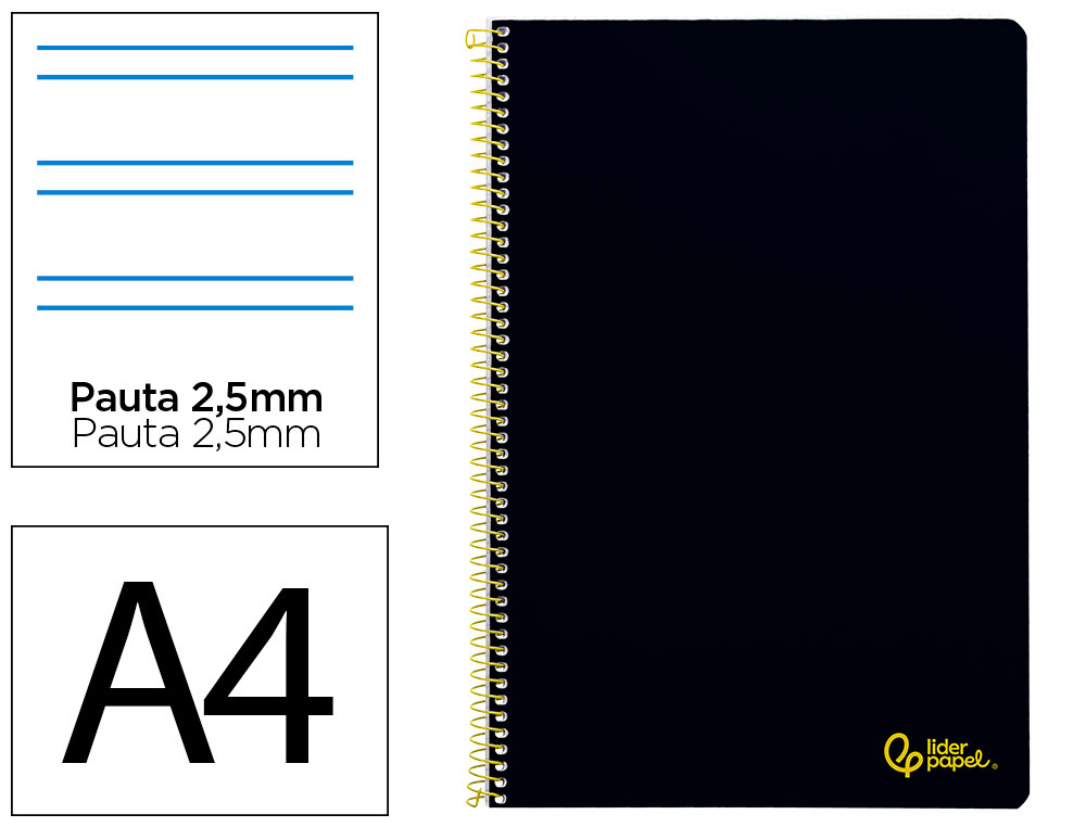 Cuaderno espiral liderpapel a4 smart tapa blanda 80h 75gr pauta 2,5mm con margen color negro