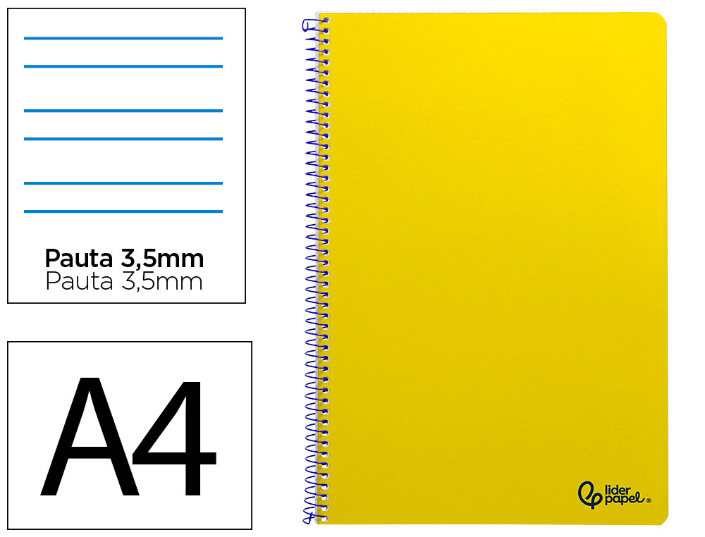 Cuaderno espiral liderpapel a4 smart tapa blanda 80h 75gr pauta 3,5mm con margen color amarillo