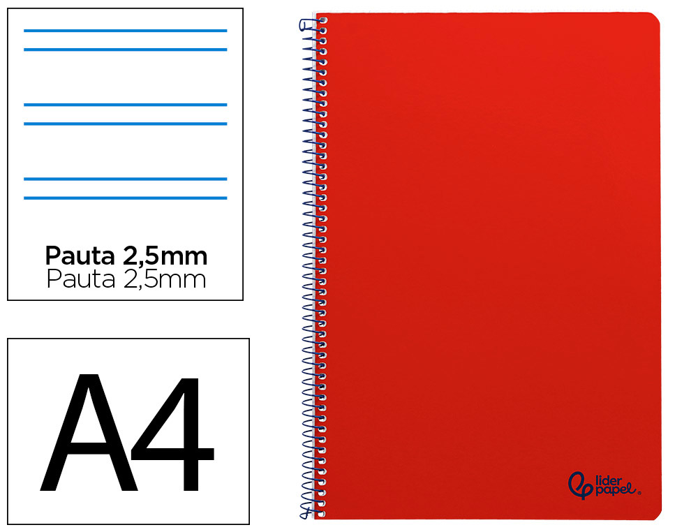 Cuaderno espiral liderpapel a4 smart tapa blanda 80h 75gr pauta 3,5mm con margen color rojo