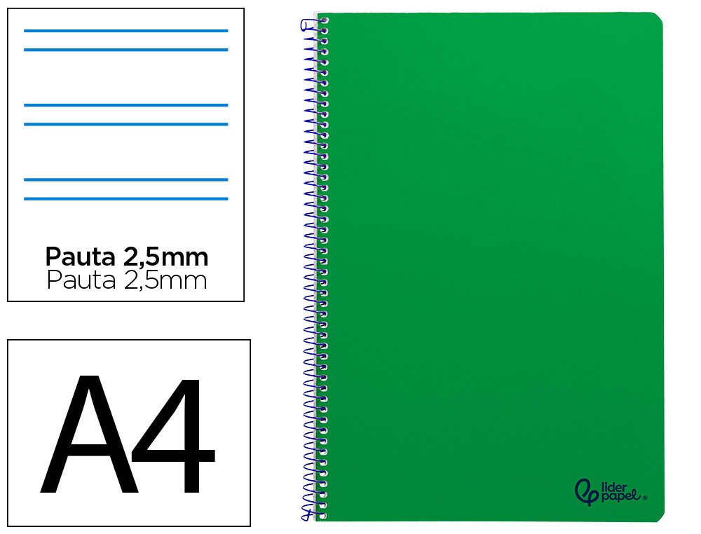 Cuaderno espiral liderpapel a4 smart tapa blanda 80h 75gr pauta 3,5mm con margen color verde