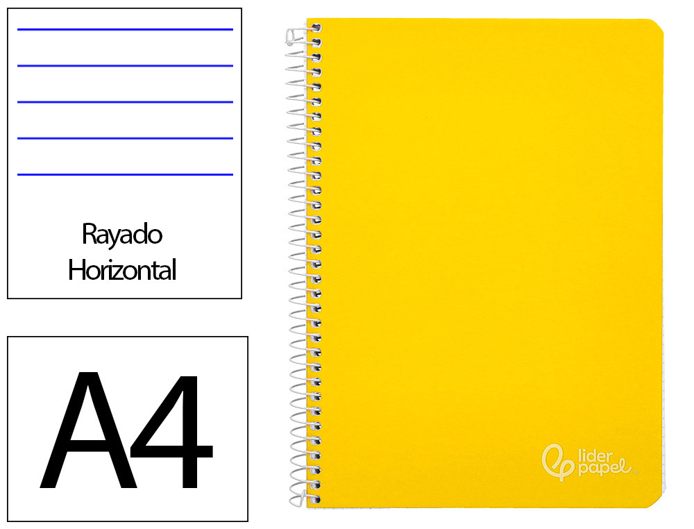 Cuaderno espiral liderpapel a4 witty tapa dura 80h 90gr rayado horizontal con margen color amarillo