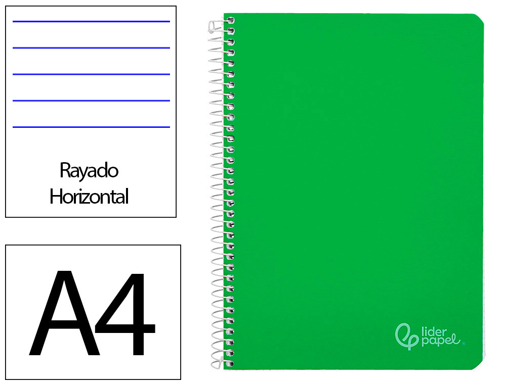 Cuaderno espiral liderpapel a4 witty tapa dura 80h 90gr rayado horizontal con margen color verde