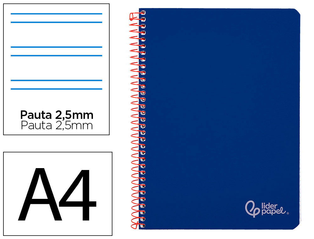 Cuaderno espiral liderpapel a4 witty tapa dura 80h 90gr pauta 2,5mm con margen color azul oscuro