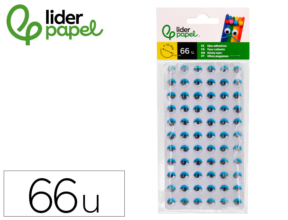 Ojo adhesivo liderpapel 10 mm con pupila negra y pestaña de color azul pack de 66 unidades