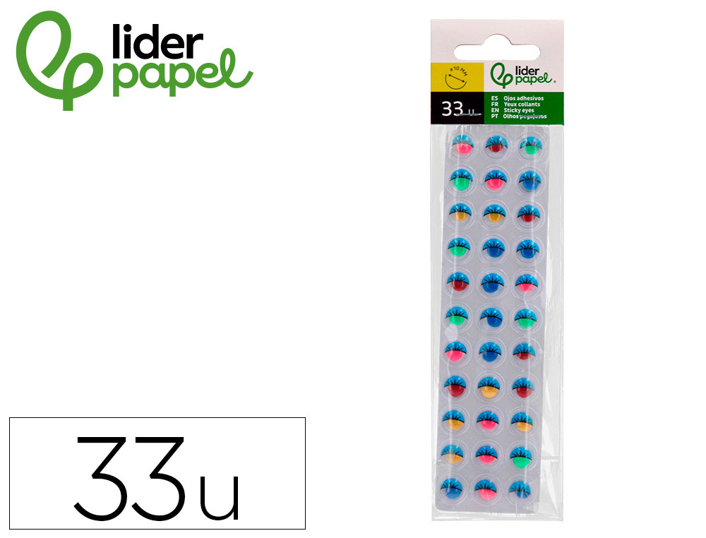 Ojo adhesivo liderpapel 10 mm con pupila de color y pestaña de color pack de 33 unidades