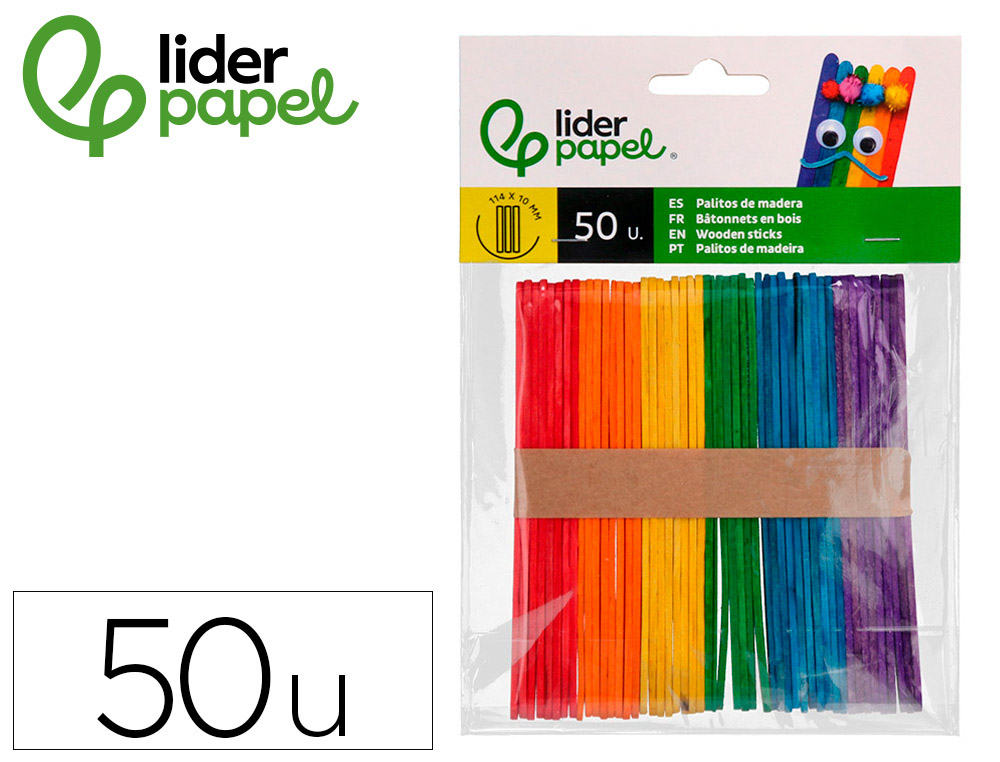Palitos de madera liderpapel colores surtidos 11,4x1 cm bolsa con 50 unidades