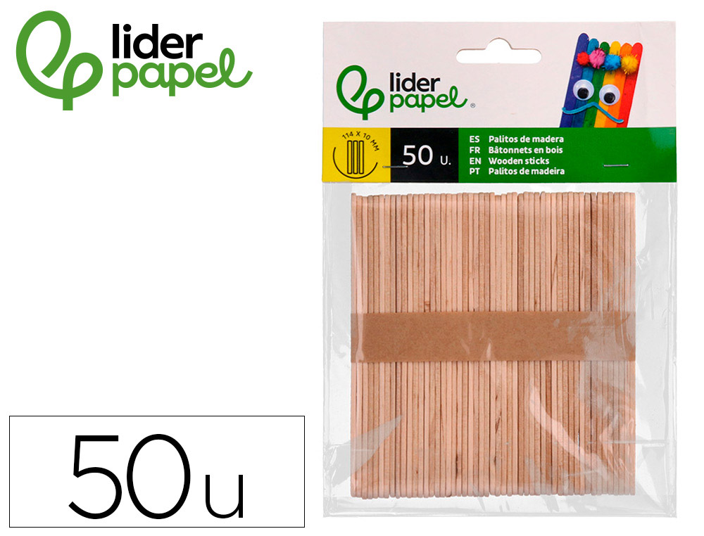 Palitos de madera liderpapel color natural 11,4 x 1 cm bolsa con 50 unidades
