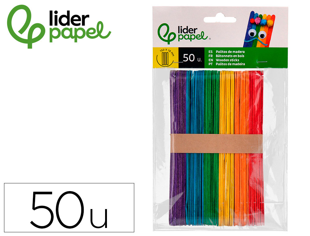 Palitos de madera liderpapel colores surtidos 15x1,8 cm bolsa con 50 unidades