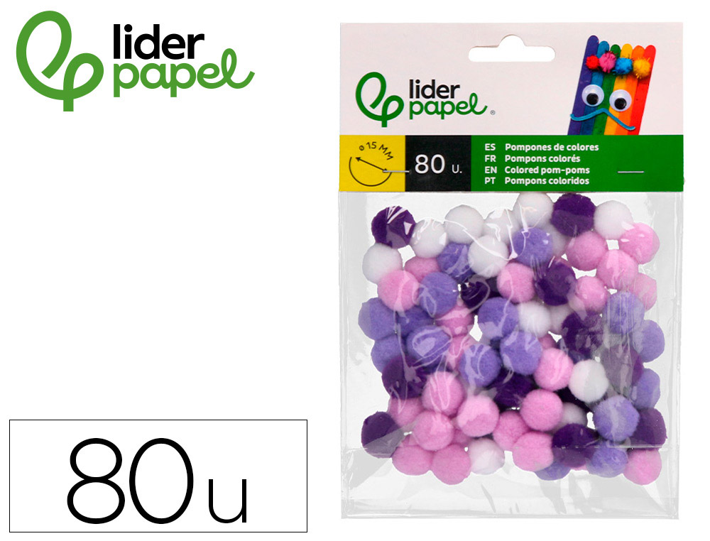 Pompones de colores liderpapel 1,5 cm tonalidades violeta bolsa con 80 unidades