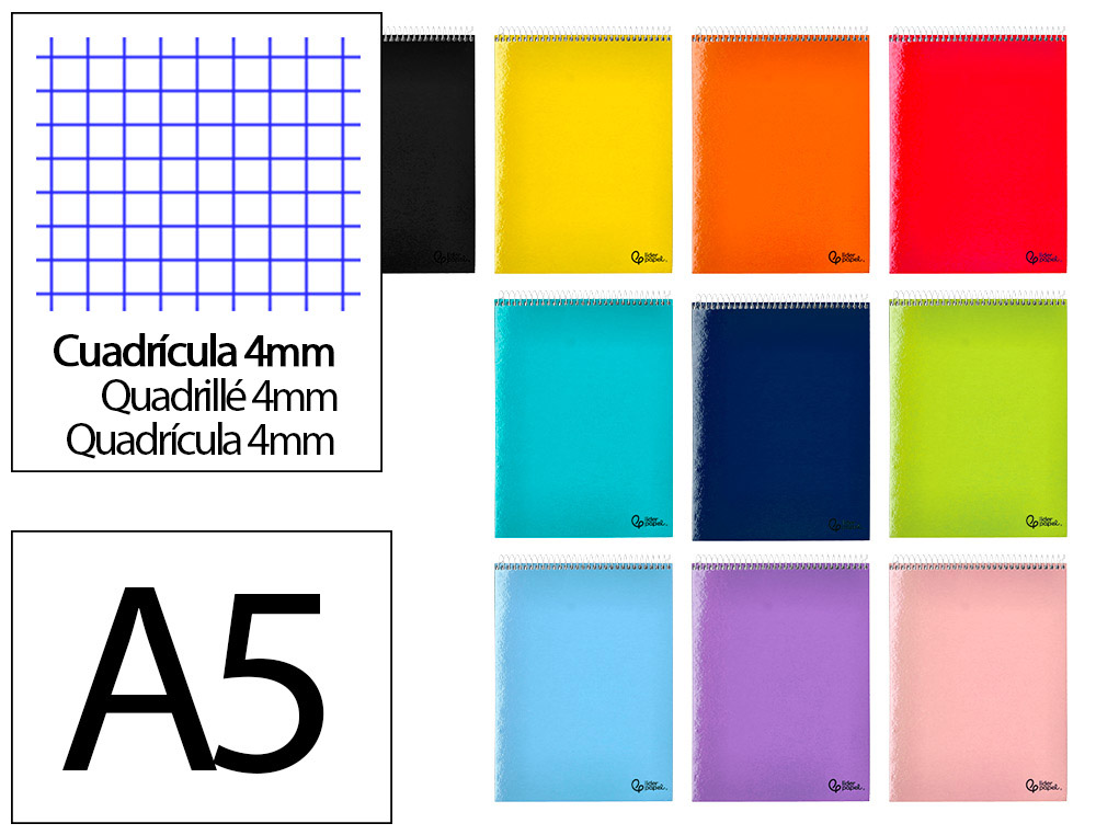Cuaderno espiral liderpapel din a5 apaisado smart tapa blanda 80h 75gr cuadro 4mm con margen colores surtidos