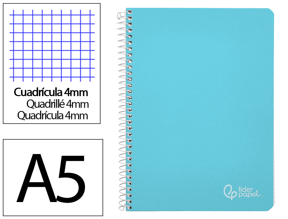 Cuaderno espiral liderpapel din a5 witty tapa dura 80h 90gr cuadro 4mm con margen color azul