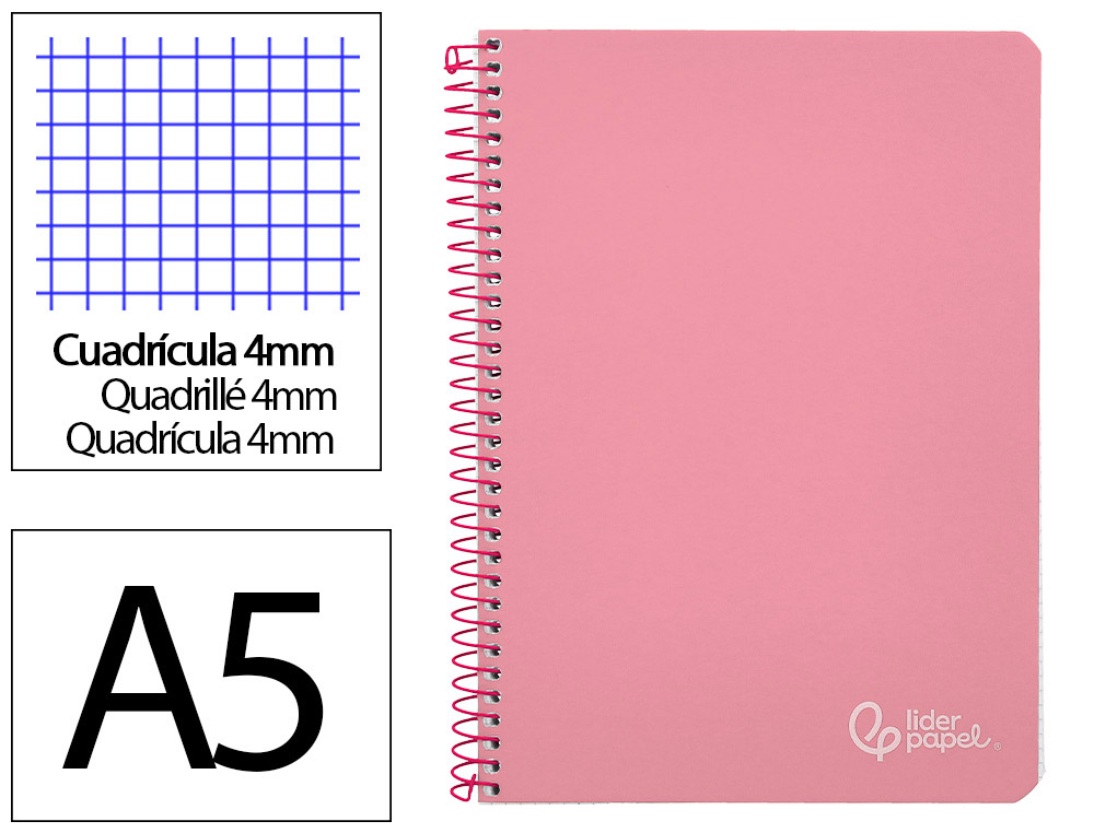 Cuaderno espiral liderpapel a5 witty tapa dura 80h 90gr cuadro 4mm con margen color rosa
