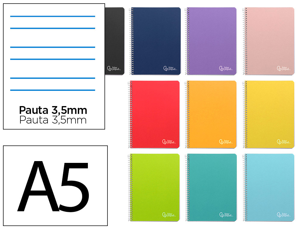 Cuaderno espiral liderpapel din a5 witty tapa dura 80h 90gr rayado montessori 3,5 mm colores surtidos