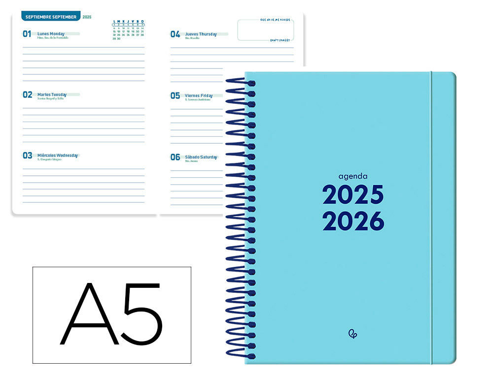 Agenda escolar liderpapel 25-26 espiral basic azul semana vista a5 bilingüe papel fsc 70 gr