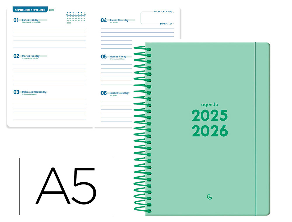 Agenda escolar liderpapel 25-2 6 espiral basic verde menta semana vista a5 bilingüe papel fsc 70 gr
