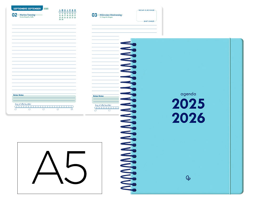 Agenda escolar liderpapel 25-26 espiral basic azul dia pagina a5 bilingüe papel fsc 70 gr