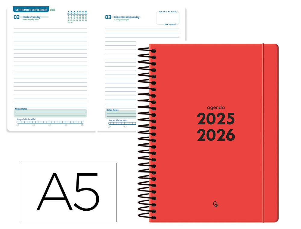 Agenda escolar liderpapel 25-26 espiral basic rojo dia pagina a5 bilingüe papel fsc 70 gr