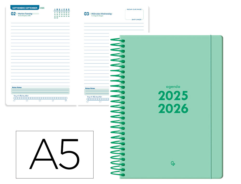 Agenda escolar liderpapel 25-26 espiral basic verde menta dia pagina a5 bilingüe papel fsc 70 gr