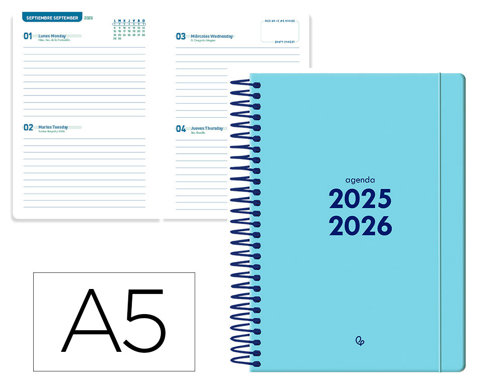 Agenda escolar liderpapel 25-26 espiral basic azul 2 dias pagina a5 bilingüe papel fsc 70 gr