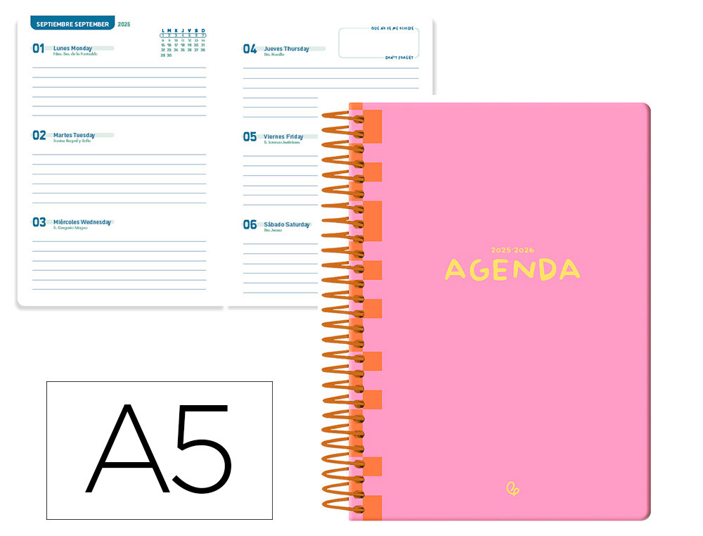 Agenda escolar liderpapel 25-26 espiral classic rosa semana vista a5 bilingüe papel fsc 70 gr
