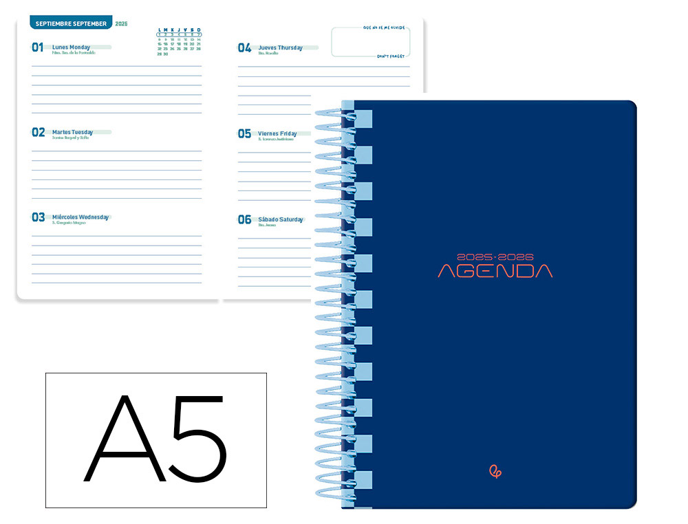 Agenda escolar liderpapel 25-2 6 espiral classic azul oscuro semana vista a5 bilingüe papel fsc 70 gr