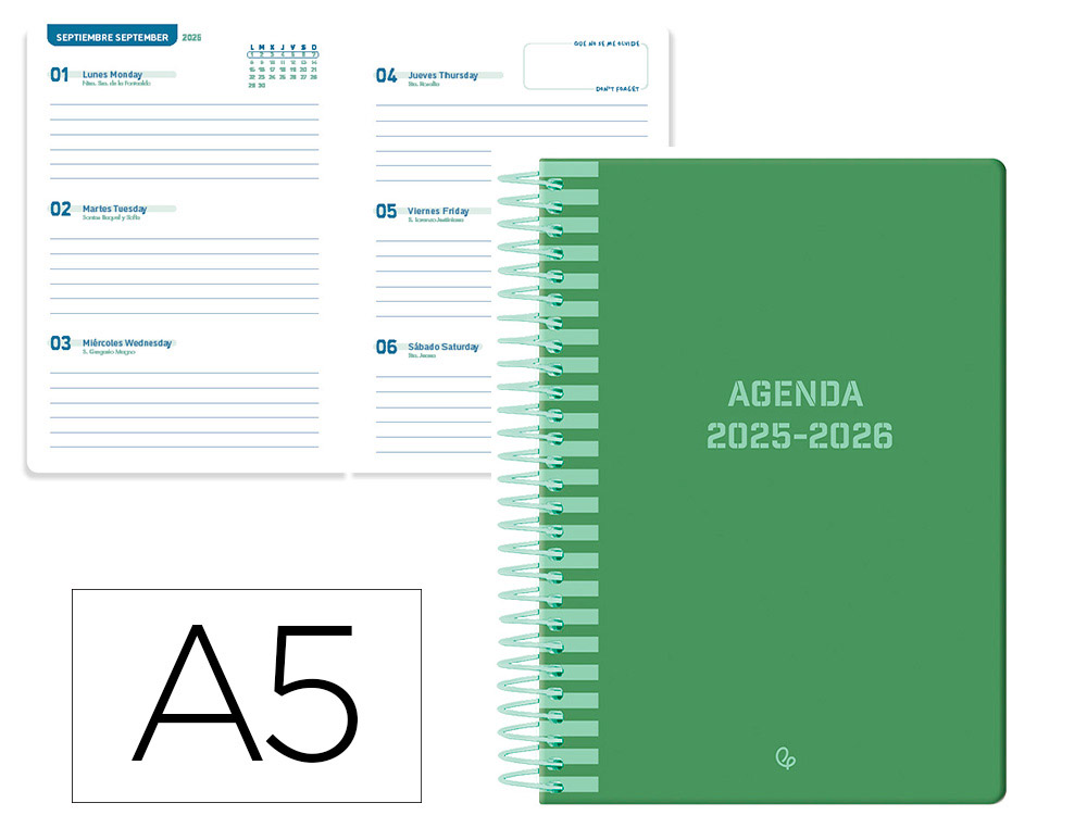 Agenda escolar liderpapel 25-26 espiral classic verde semana vista a5 bilingüe papel fsc 70 gr