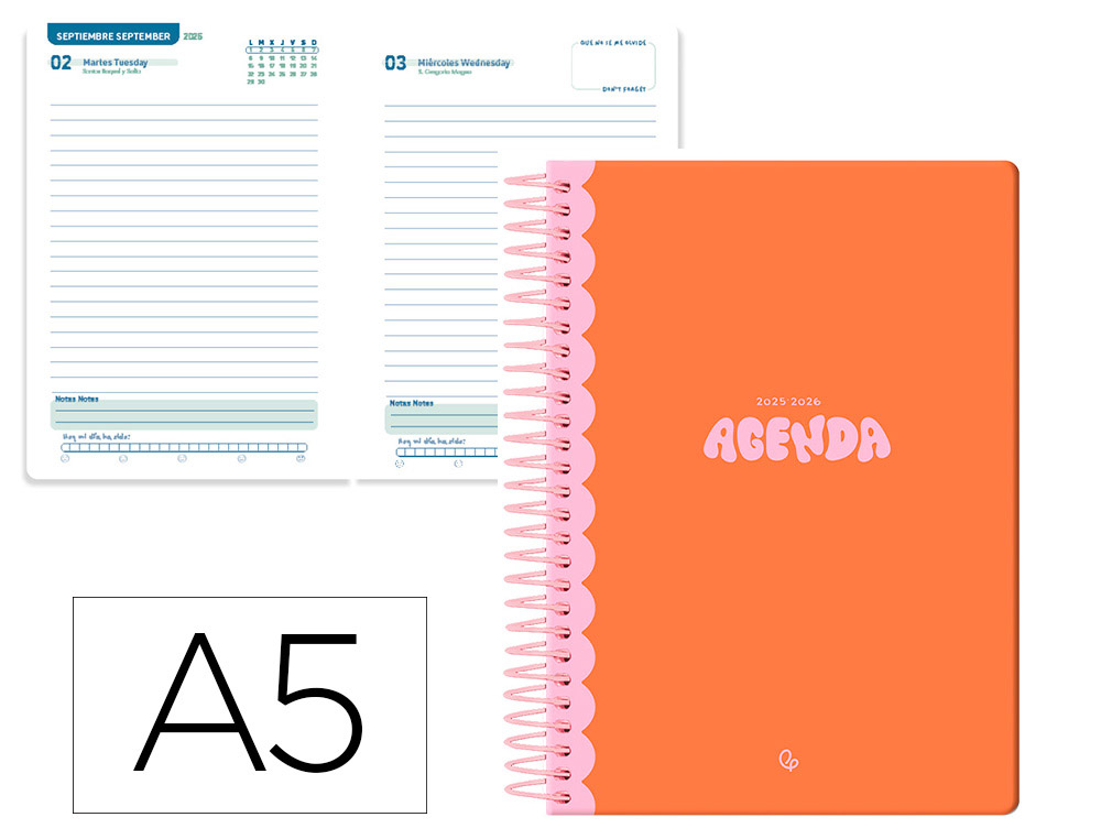 Agenda escolar liderpapel 25-26 espiral classic naranja dia pagina a5 bilingüe papel fsc 70 gr