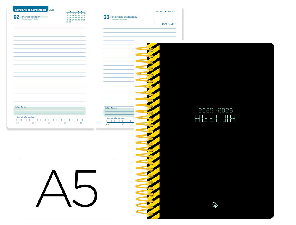Agenda escolar liderpapel 25-26 espiral classic negro dia pagina a5 bilingüe papel fsc 70 gr