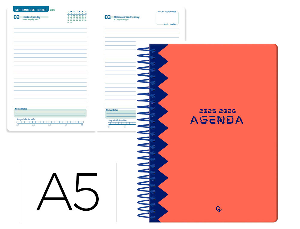 Agenda escolar liderpapel 25-26 espiral classic rojo dia pagina a5 bilingüe papel fsc 70 gr