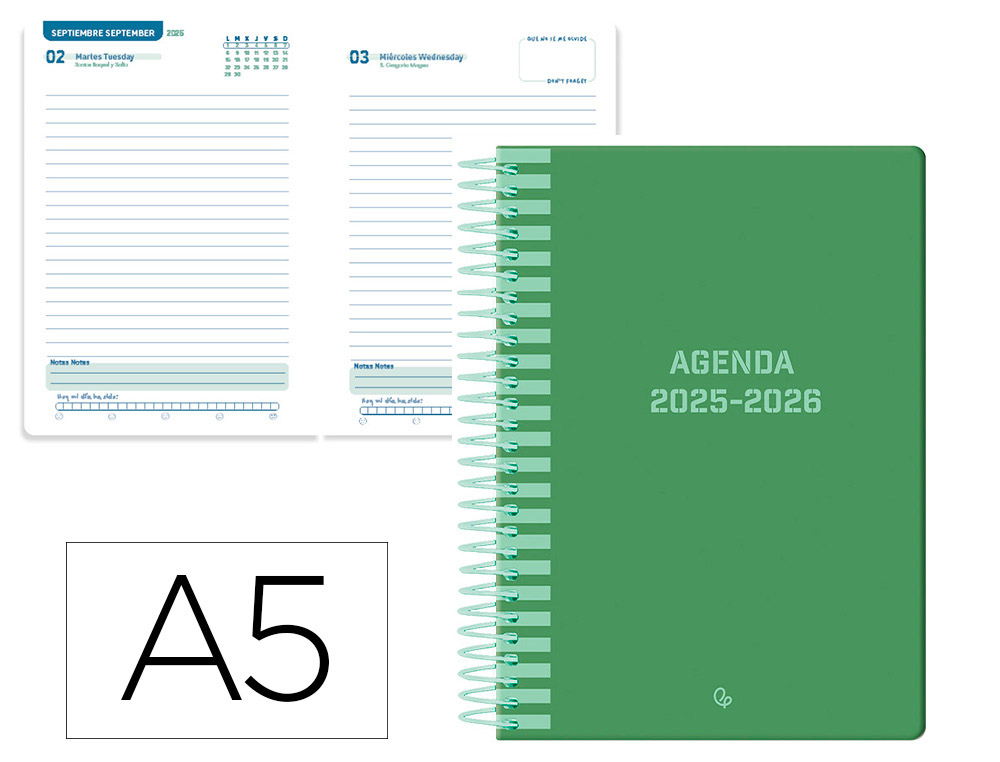 Agenda escolar liderpapel 25-26 espiral classic verde dia pagina a5 bilingüe papel fsc 70 gr